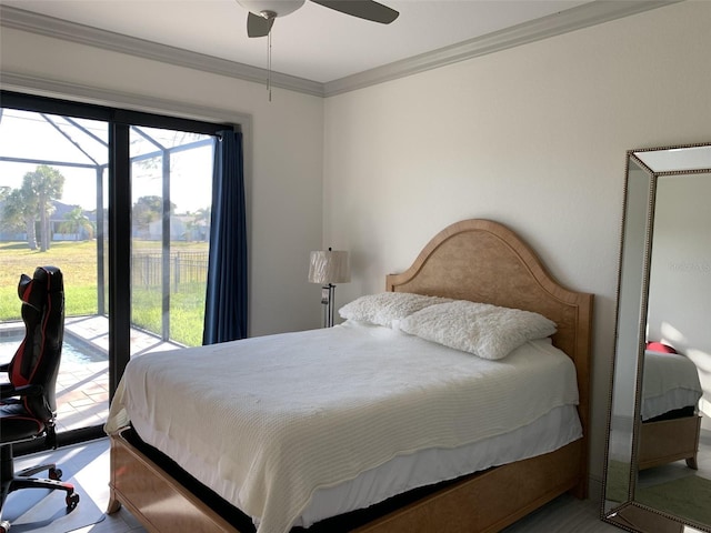 bedroom with ceiling fan, ornamental molding, and access to outside