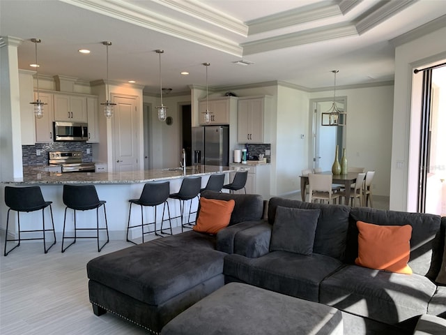 living room with a raised ceiling, ornamental molding, and sink