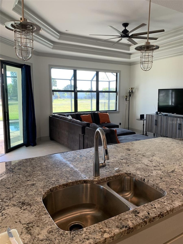 kitchen featuring a tray ceiling, ceiling fan, ornamental molding, and sink