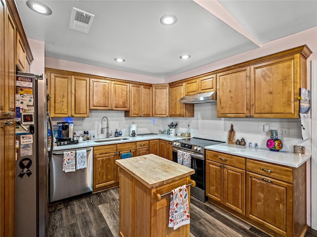 kitchen featuring sink, appliances with stainless steel finishes, butcher block counters, dark wood-type flooring, and tasteful backsplash