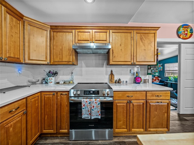 kitchen with vaulted ceiling, stainless steel electric stove, and tasteful backsplash