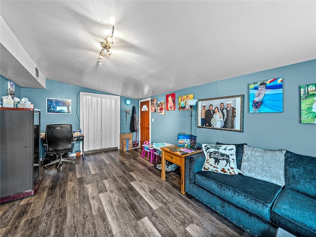 living room with vaulted ceiling, hardwood / wood-style flooring, and track lighting