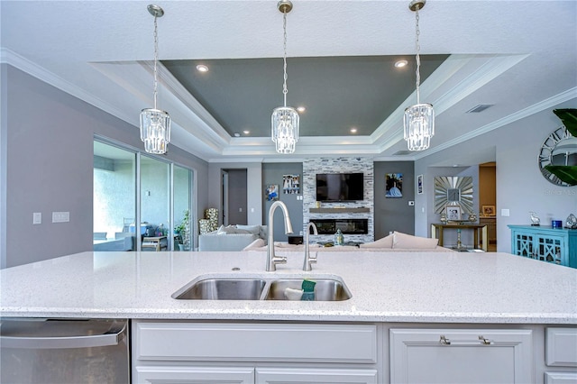 kitchen featuring a raised ceiling, a sink, open floor plan, and stainless steel dishwasher