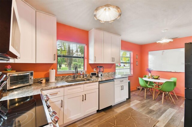 kitchen with light wood-type flooring, white cabinetry, stainless steel dishwasher, and sink