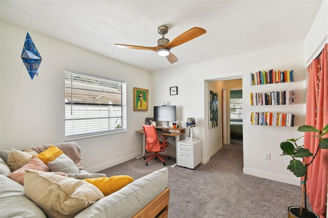 office space featuring carpet flooring and ceiling fan