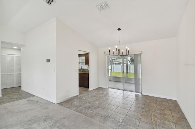 unfurnished room featuring light colored carpet, a chandelier, and high vaulted ceiling