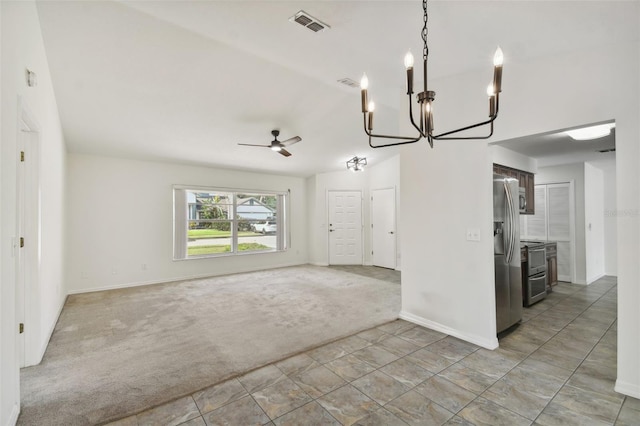 unfurnished living room with light carpet and ceiling fan with notable chandelier