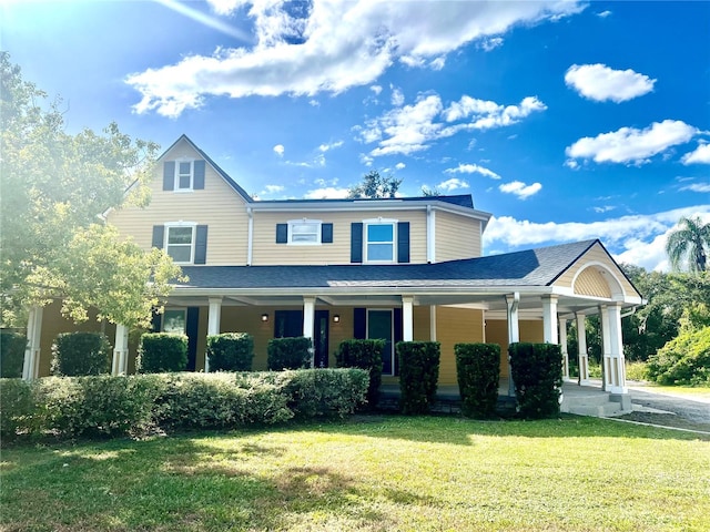 view of front facade with covered porch and a front yard