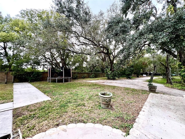 view of yard featuring a trampoline and a patio area