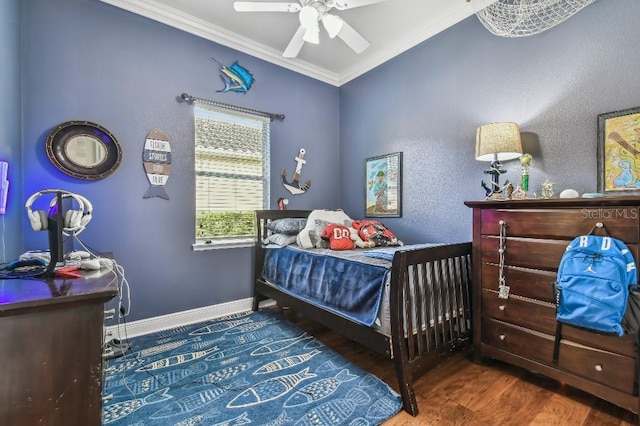 bedroom with ceiling fan, ornamental molding, and dark hardwood / wood-style flooring