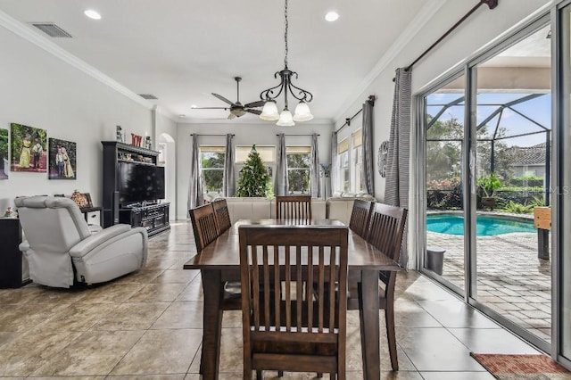 tiled dining space with ornamental molding