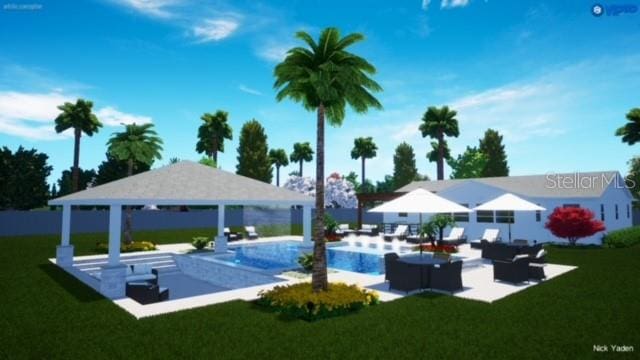 view of pool with a lawn, a patio, and a gazebo