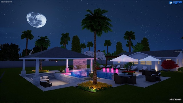 pool at night with an outdoor living space, a gazebo, a lawn, and a patio area