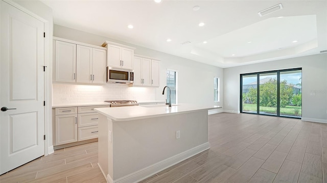 kitchen with backsplash, stainless steel appliances, sink, a tray ceiling, and an island with sink