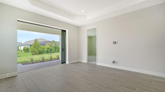 spare room featuring a raised ceiling and wood-type flooring