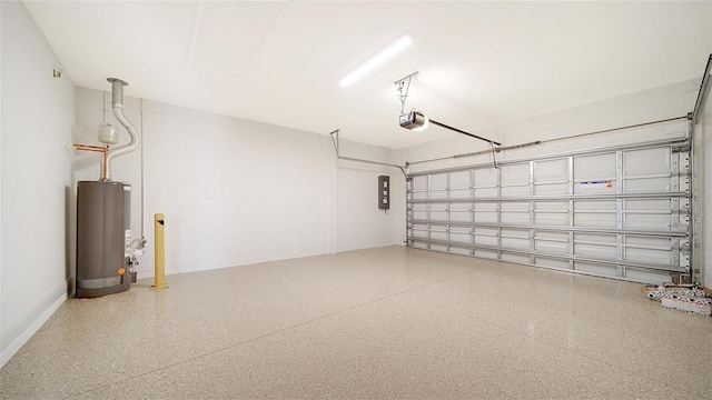 garage with water heater, a garage door opener, and electric panel