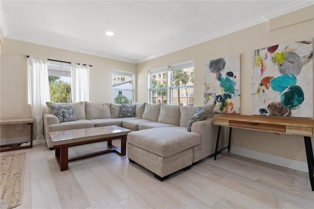 living room with crown molding and light wood-type flooring