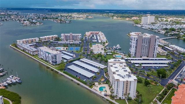 drone / aerial view featuring a water view