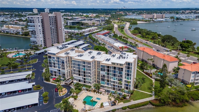 aerial view featuring a water view