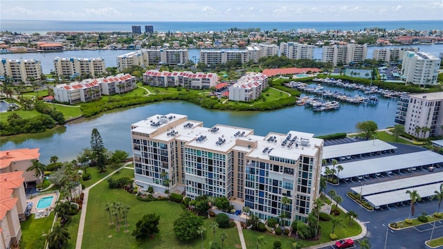 aerial view featuring a water view