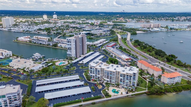 drone / aerial view featuring a water view