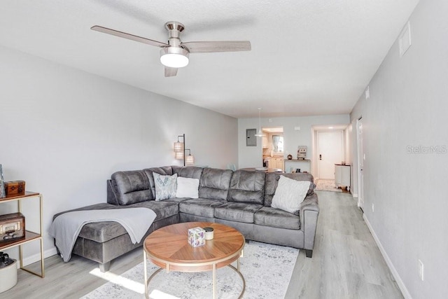 living room with light hardwood / wood-style floors, electric panel, and ceiling fan