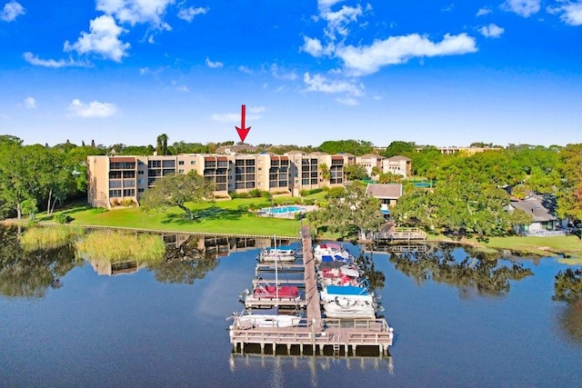 drone / aerial view featuring a water view