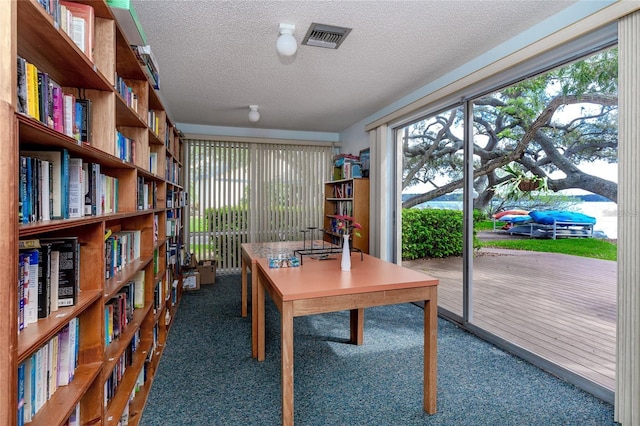 carpeted home office featuring a textured ceiling