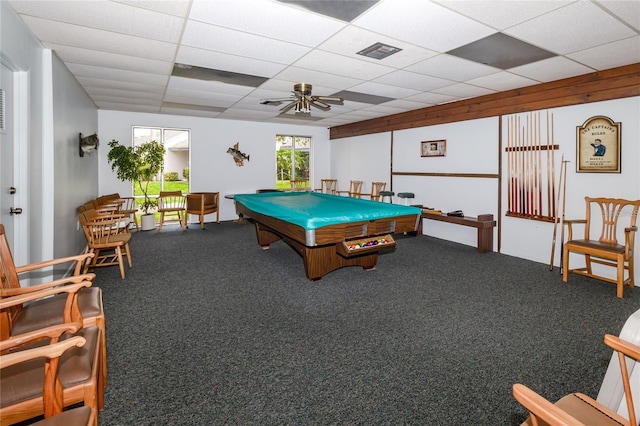 recreation room featuring a paneled ceiling, billiards, carpet flooring, and ceiling fan