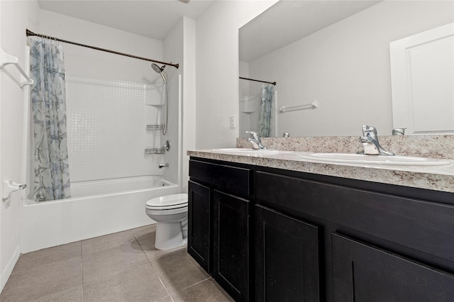 full bathroom featuring toilet, tile patterned flooring, shower / tub combo with curtain, and vanity