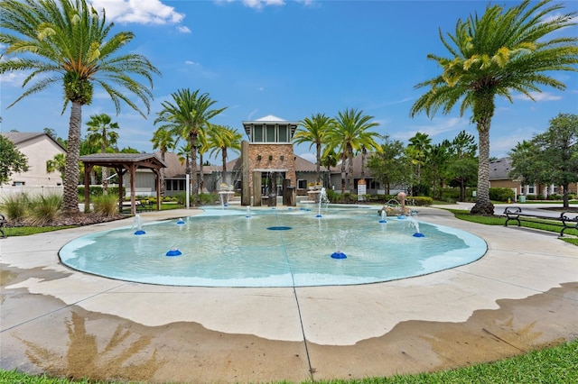 view of swimming pool featuring a gazebo