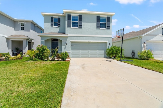 view of front of home with a garage and a front lawn