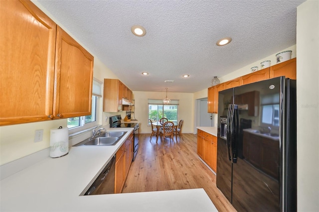 kitchen with sink, decorative light fixtures, light hardwood / wood-style floors, a textured ceiling, and black appliances