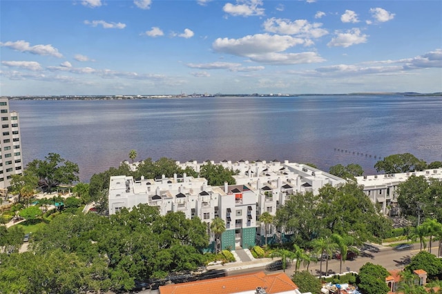 bird's eye view with a water view