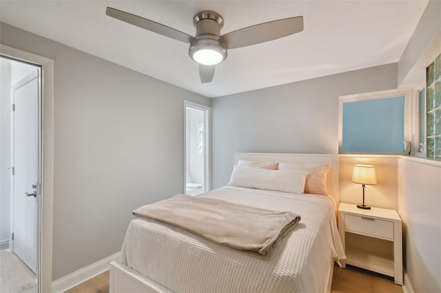 bedroom featuring ceiling fan and light wood-type flooring