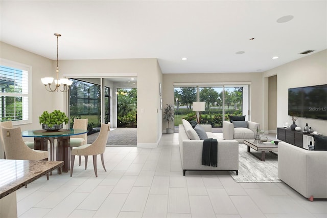 living room with a chandelier