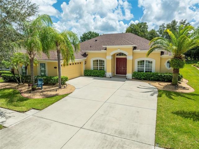 mediterranean / spanish-style home with a garage and a front yard