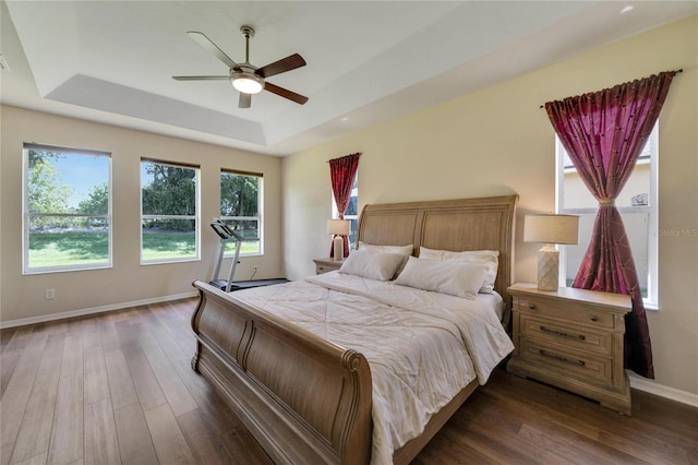 bedroom with a raised ceiling, ceiling fan, and dark hardwood / wood-style floors