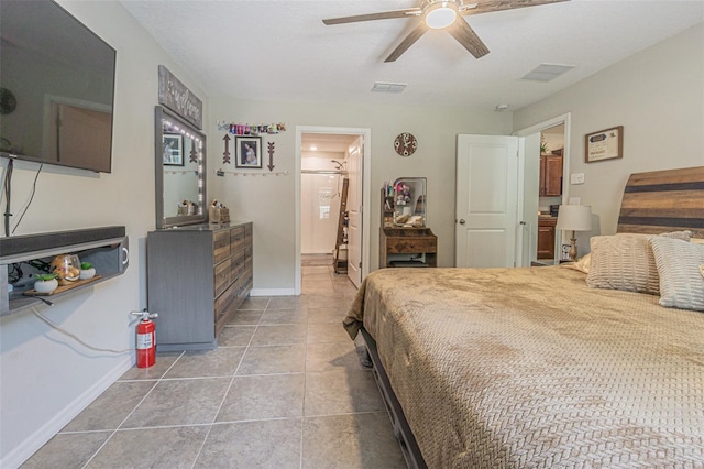 bedroom featuring ceiling fan and tile patterned floors