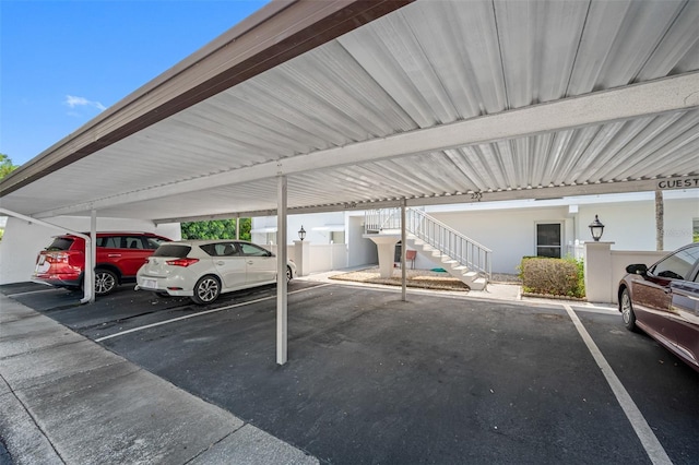 covered parking lot with stairs