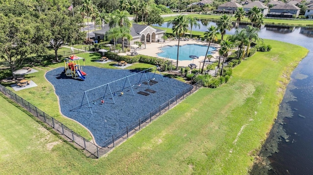 drone / aerial view with a water view