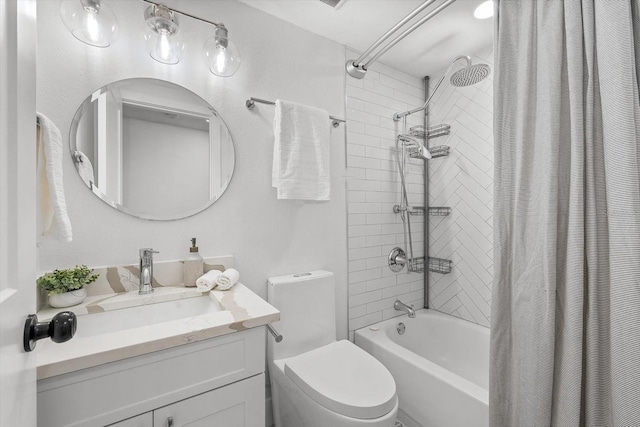 full bathroom with shower / bath combination with curtain, toilet, and vanity