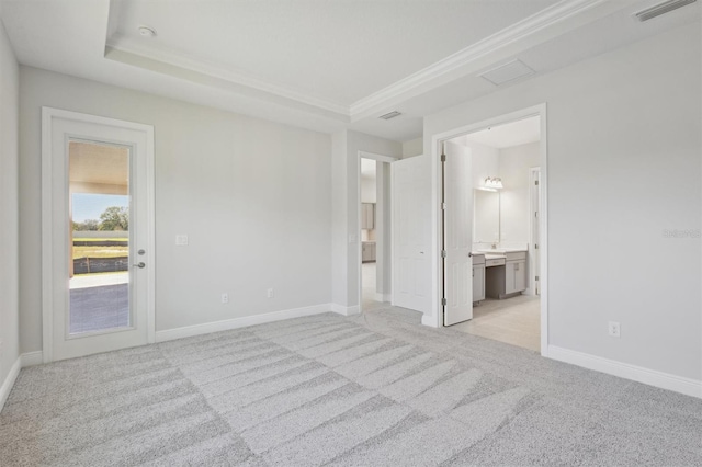 spare room featuring a tray ceiling and light carpet