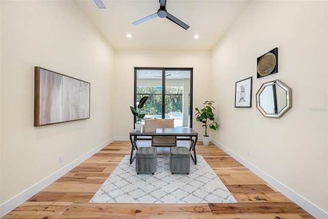 dining space featuring ceiling fan and light hardwood / wood-style floors