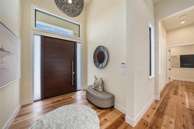 foyer with a towering ceiling and light hardwood / wood-style floors