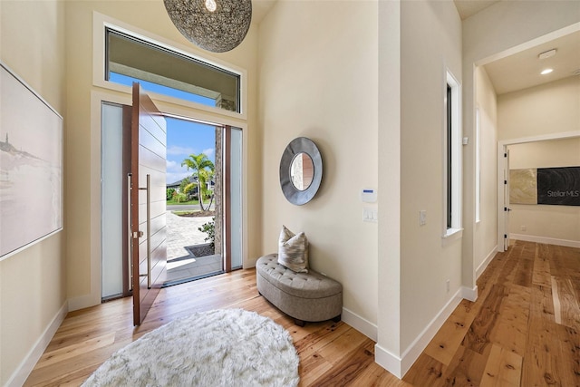 entryway featuring a high ceiling and light hardwood / wood-style flooring