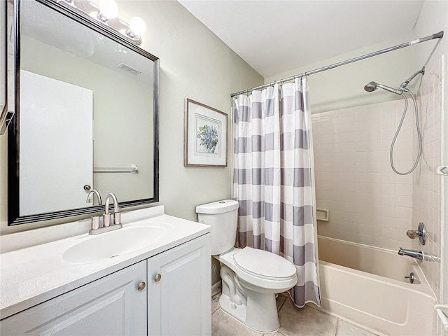 full bathroom with visible vents, toilet, tile patterned floors, shower / bath combination with curtain, and vanity