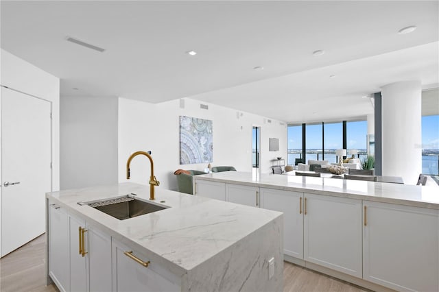 kitchen featuring light stone countertops, light hardwood / wood-style flooring, a center island with sink, and sink