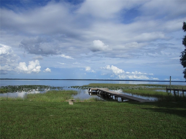 dock area with a yard and a water view