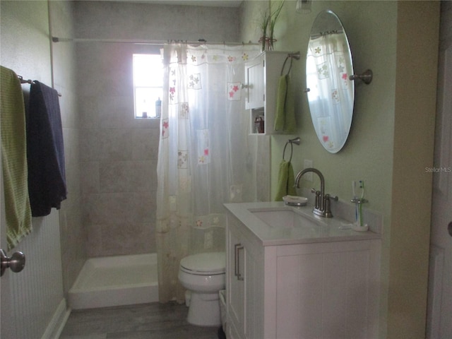 bathroom featuring toilet, vanity, and a shower with shower curtain